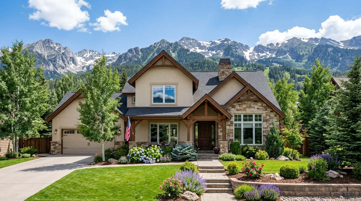Residential home exterior on a sunny day, neat landscaping, well-maintained facade, Colorado mountains visible in background