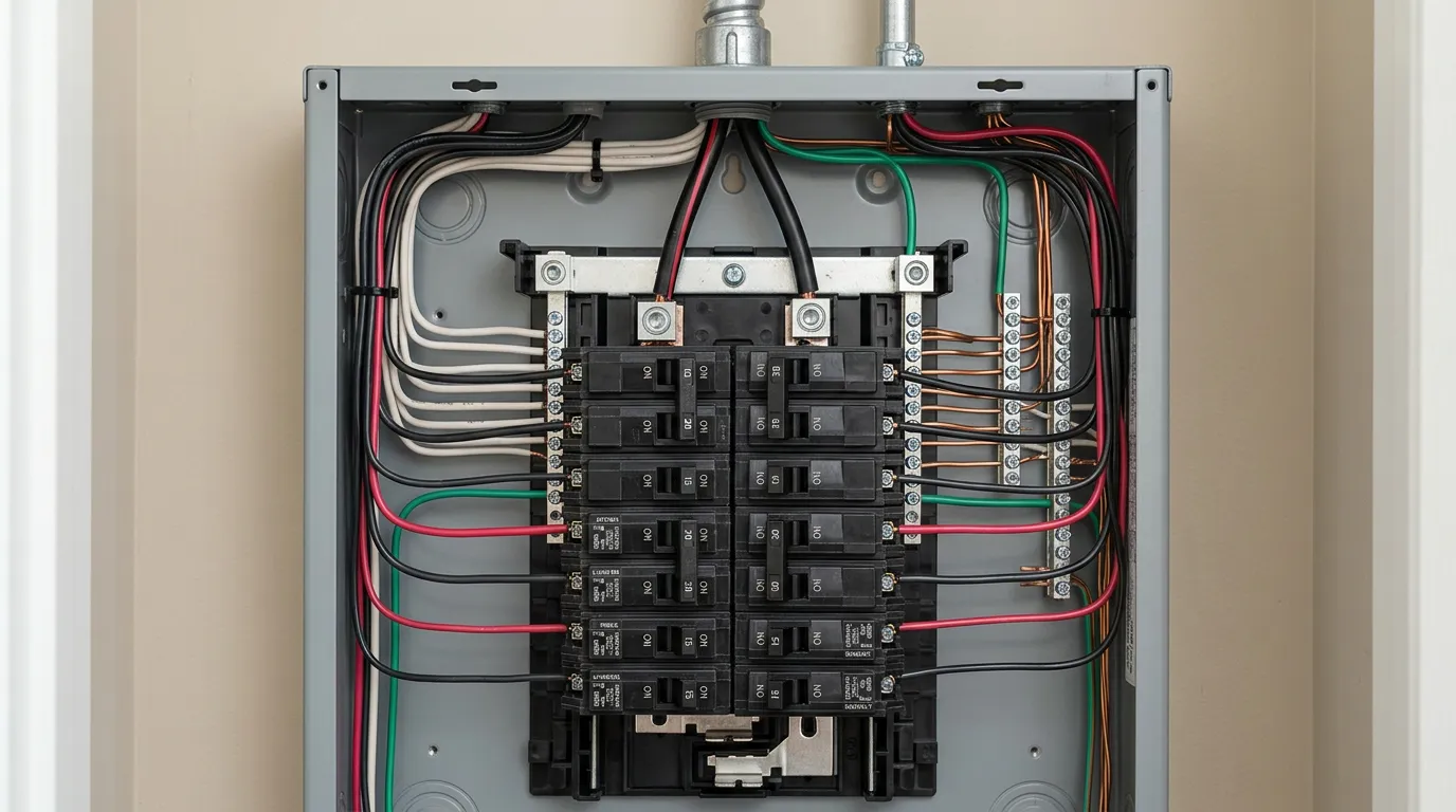 Electrical service panel in home, close-up of breaker switches and wiring, clean and organized layout