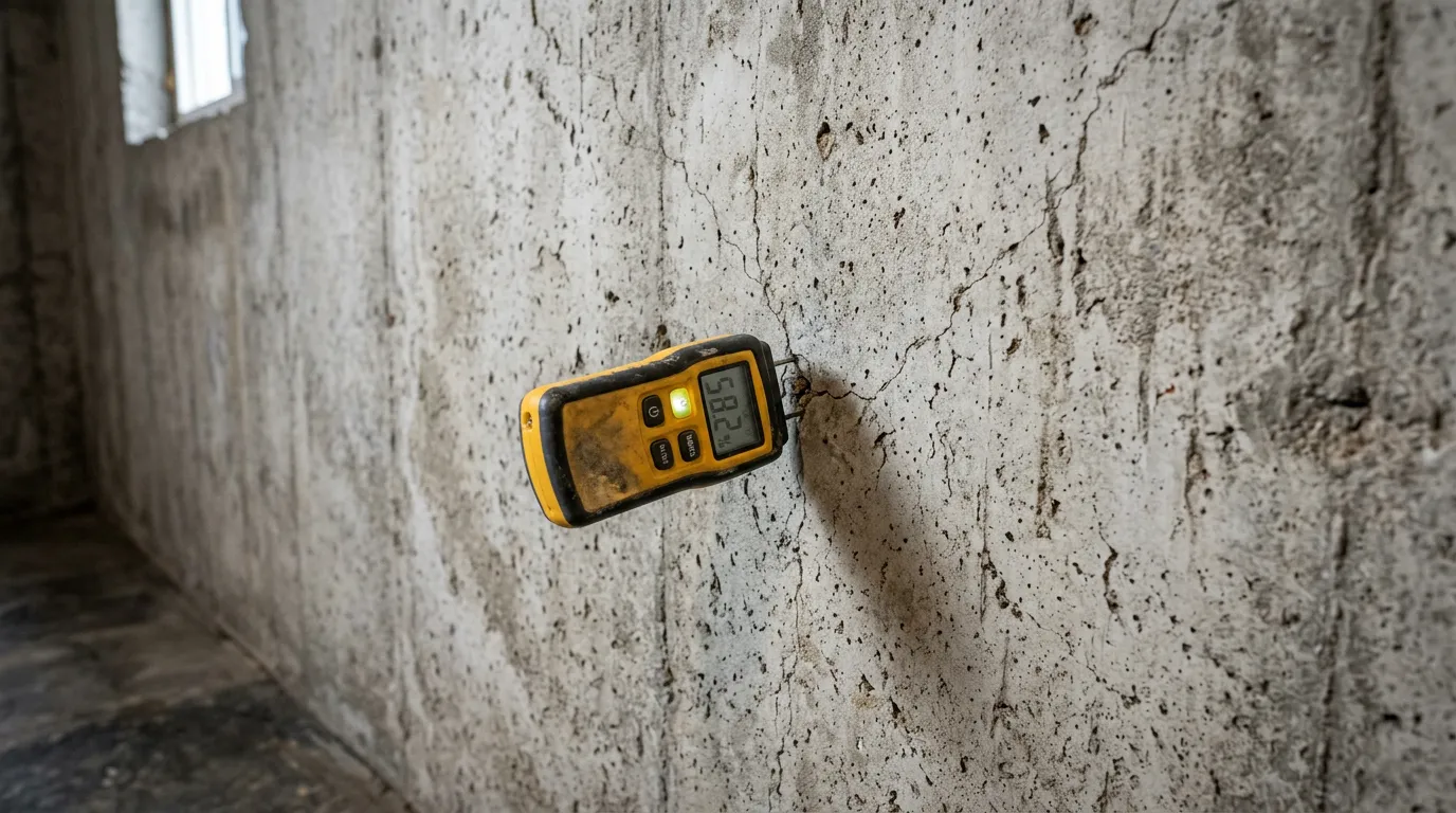 Foundation wall in a basement, close-up showing concrete surface texture and small cracks, moisture meter resting against wall
