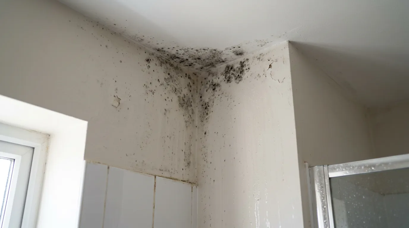 Bathroom corner with visible moisture and mildew on wall surface near ceiling, showing condensation marks and discoloration