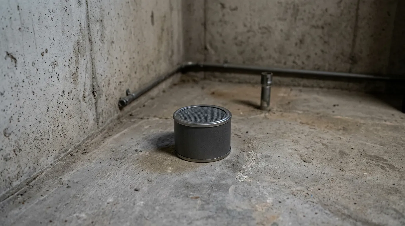 Radon test kit canister placed on basement floor near corner, minimal basement interior background